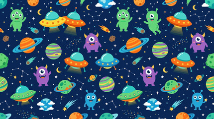 Flat vector alien seamless pattern, UFO spaceships, planets and cute aliens, colorful futuristic illustration © Maftuh
