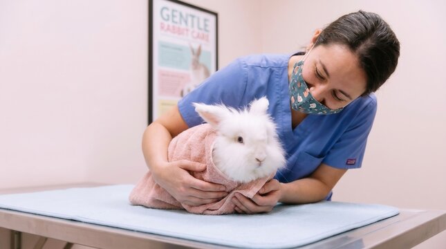 Veterinary nurse caring for white rabbit wrapped in towel in soft clinic room for gentle pet care website header.