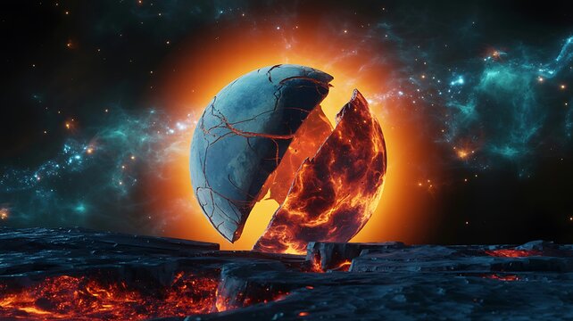 Split earth globe on fire with flames