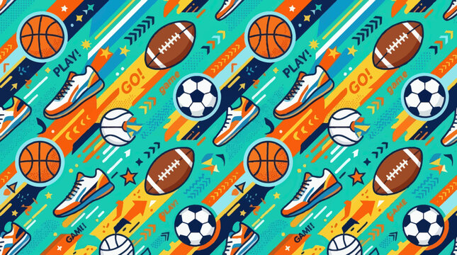 Simple sports seamless pattern, football, basketball and sneakers icons, flat vector energetic background