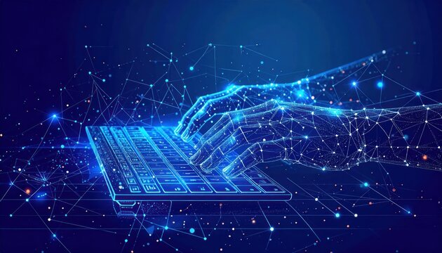 Digital wireframe hands typing on a glowing blue computer keyboard within an abstract futuristic network of data connections.