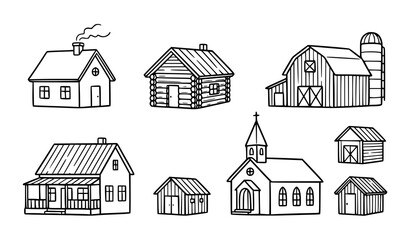 Hand drawn farm buildings collection houses barns and church illustration © Najma