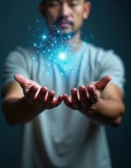 Obraz premium Man holding glowing digital network. Futuristic data streams connect in abstract light network. Concept of global tech connection and innovation.