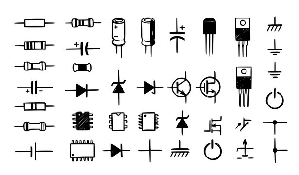 Electronic component symbols collection hand drawn style vector illustration