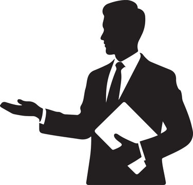 Black silhouette of professional man in suit. Standing figure holding folder, gesturing with open hand. Black icon silhouette vector