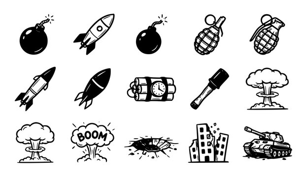 Explosives and warfare icons set hand drawn style