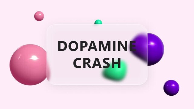 Animated dopamine crash text on glass panel with red, green and purple spheres on pink background
