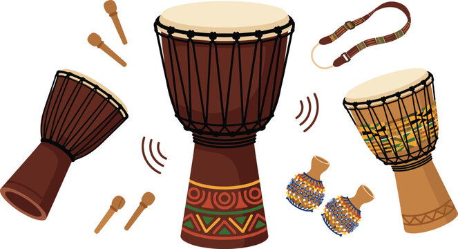 African Djembe Drum Collection Vector Illustration with Traditional Percussion Instruments Maracas and Musical Accessories Isolated for Cultural Music Design