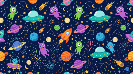 Flat vector alien seamless pattern, UFO spaceships, planets and cute aliens, colorful futuristic illustration © Maftuh