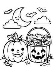 Fototapeta premium Pumpkin Candy Basket Halloween Coloring Page for Kids - Fun Halloween coloring page with smiling pumpkin and candy basket under moonlight in cute cartoon outline style.