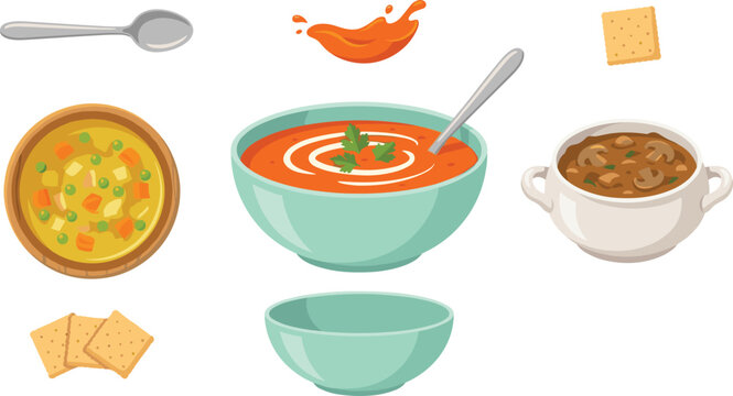 Soup Collection Vector Illustration with Tomato Vegetable and Mushroom Soups Crackers and Bowl Elements Isolated for Healthy Food Design