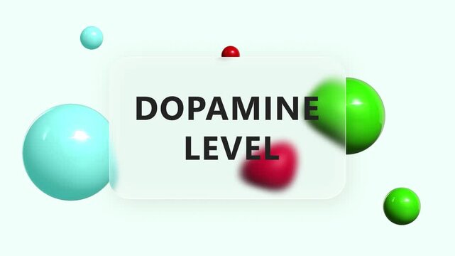 Animated dopamine level text on glass panel with red, green and purple spheres on pink background
