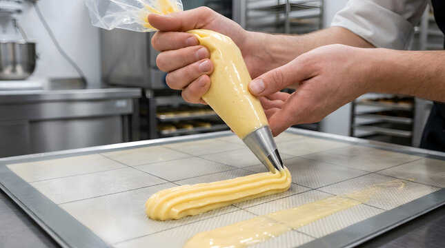 Professional pastry chef piping eclairs | Handmade french pastry dough preparation | Baking choux pastry with piping bag | Gourmet eclair recipe in commercial kitchen