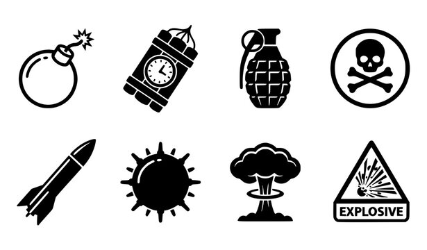 Explosives and hazardous materials icon set black and white vector graphics