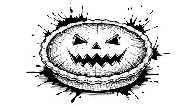 Halloween pumpkin pie with spooky carved face and ink splatters.