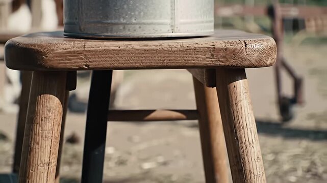 Distressed wooden stool with metal object resting on top, rural background, soft lighting