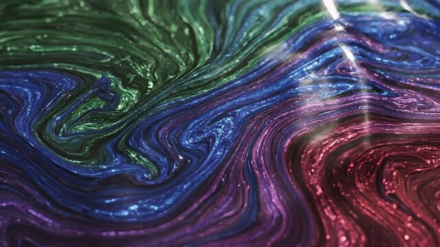 Close-up abstract macro view of swirling iridescent liquid paint or oil in vibrant shades of green blue and purple with metallic shimmer and sparkling highlights creating a fluid marbled texture