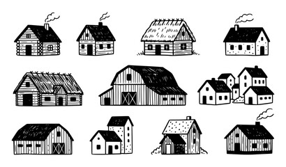 Hand drawn farmhouse collection rustic buildings and barns sketch set © Najma