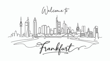 Obraz premium Frankfurt Skyline Illustration: Welcome Text, Line Art, Black and White