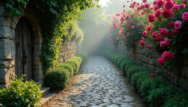 Stone path with roses and green bushes leads through misty morning garden. Old wooden gate on left side, sunbeams pierce fog. Serene nature alley evokes romantic, magical feelings.
