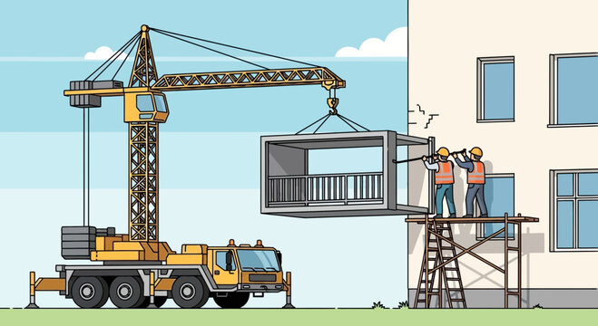 Workers installing balcony on building.