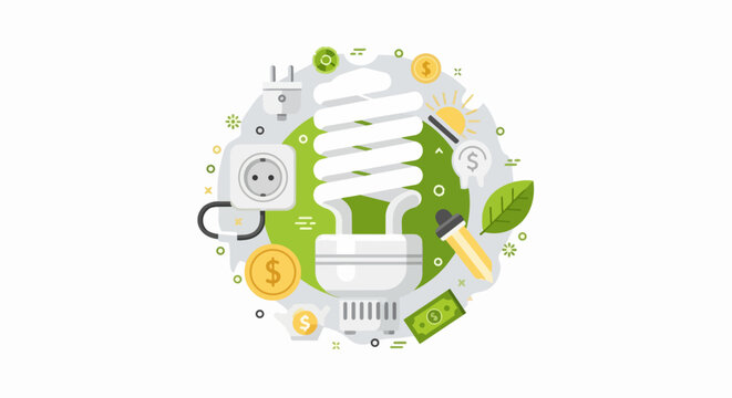 Energy Saving Light Bulb Vector Illustration with Eco-Friendly Symbols and Money Icons for Sustainability and Cost Efficiency Concept