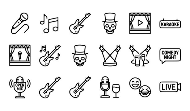 Entertainment icons set music comedy and live performance illustrations