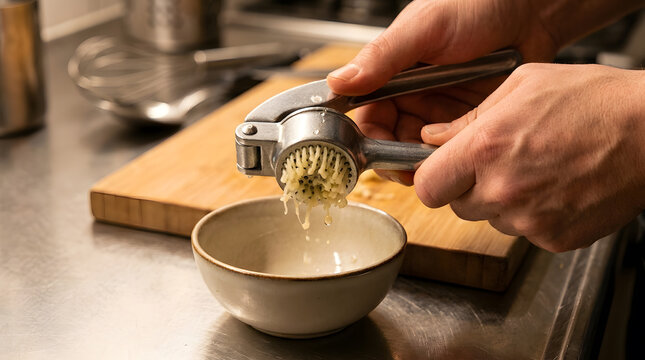 Hands using a garlic press in the kitchen | Mincing fresh garlic cloves for cooking | Close-up of crushing garlic into a ceramic bowl | Preparing healthy seasoning ingredients at home