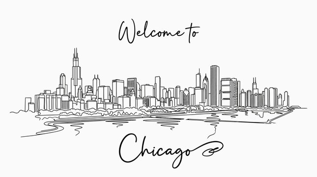 Chicago Skyline Illustration: Welcome Text, Cityscape Sketch, Black Lines