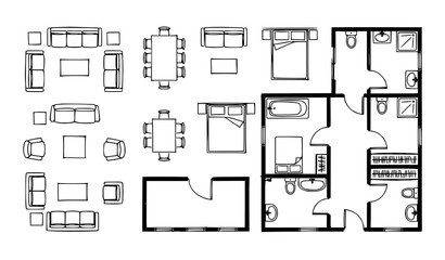 Black and white top down floor plan of a modern residential interior © Najma