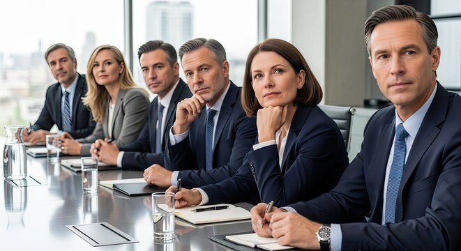 A group of business professionals sits around a large conference table. They are dressed in dark suits and ties, and they appear serious and focused.