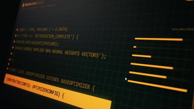 Glowing orange and green programming code scrolls across a dark digital monitor with grid lines showing neural network optimization logic. Concept of machine learning, AI, and software engineering
