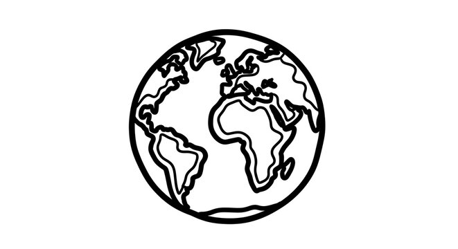 Simple black and white outline drawing of the earth globe showing continents and oceans with continent geography international environment