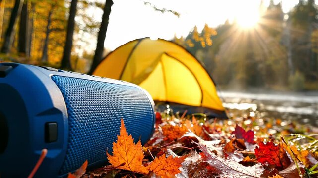 Bluetooth speaker rests on autumn leaves near tent. Portable speaker by yellow camping tent in forest. Autumn camping with speaker on fallen leaves. Tent stands by lake at sunrise. Camping gear