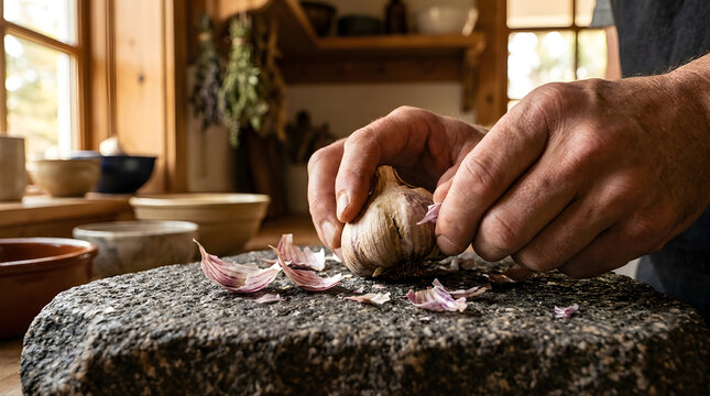 Chef hands peeling fresh organic garlic | Rustic kitchen food preparation on stone | Close up of crushing garlic cloves | Healthy cooking ingredients in farmhouse kitchen