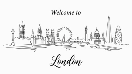 Fototapeta premium London Skyline Line Art Illustration - Famous Landmarks Silhouette