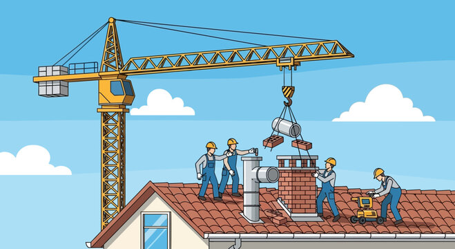 Construction workers on roof with crane.