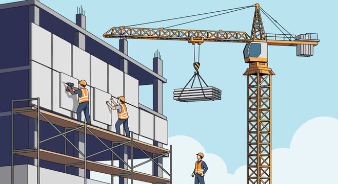 Construction workers on scaffolding with crane.