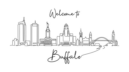 Fototapeta premium Buffalo Skyline Line Art: Welcome Message, Architectural Illustration