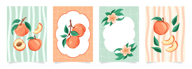 Fototapeta premium Set of posters with peaches. Summer print with sweet fruits and green leaves. Vacation in Spain. Vector design for postcard, banner, kitchen, cover.