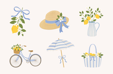 Whimsical graphic elements, lemon illustrations with floral accents. Cute citrus artwork for prints, kitchen decor, summer branding, stickers, cards, and apparel. Lemon-themed illustration featuring b © yuliabikirova