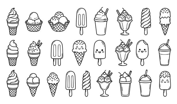 Monochrome Ice Cream Doodle Outline Collection Coloring Page Dessert Vector Icons