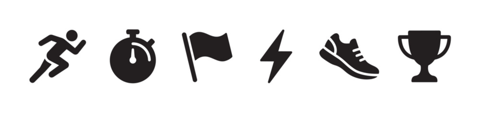 A collection of black vector icons representing running, time, success, and athletic achievement on a clean white background.