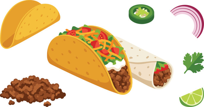 Mexican Taco and Burrito Collection Vector Illustration with Beef Tortilla Jalapeno Lime and Fresh Tex Mex Food Elements Isolated for Menu Design