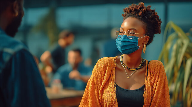 Woman wearing a face mask and glasses looking forward protective mask social distancing