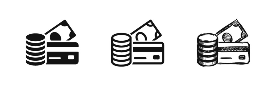 Payment Methods Money Coins and Credit Card Icons Set