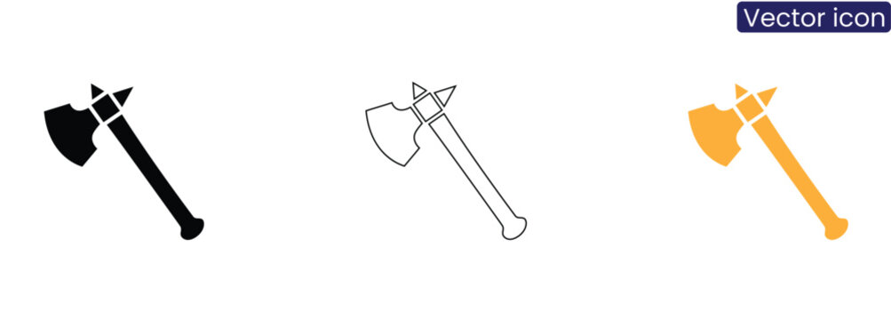 Medieval tomahawk axe vector icon set representing warrior weapon, historical hatchet, and battle equipment, available in solid black, thin outline, and bright orange style variations.