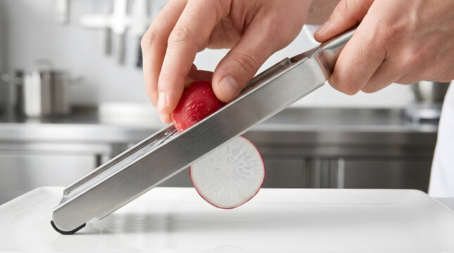 Chef hands slicing radish with mandoline slicer | Stainless steel kitchen mandoline for vegetable slicing | Professional chef preparing fresh vegetables for salad 