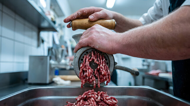 Chef using manual meat grinder in kitchen | Fresh ground beef coming out of mincer | Professional butcher preparing minced meat | Traditional meat processing techniques