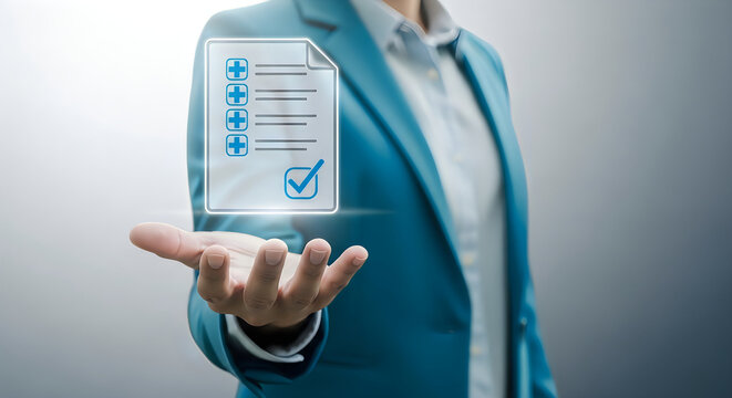 Professional presenting digital checklist document with medical icons on hand